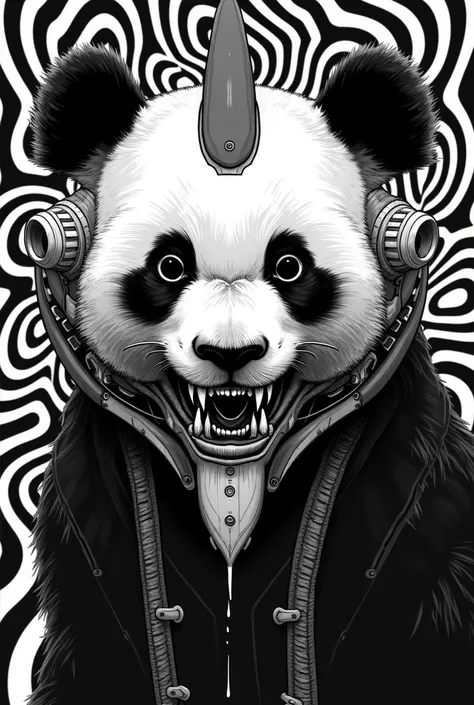 A panda in a distorted and aggressive cyberpunk style, inspired by manga illustrations and psychedelic art. The panda must have a fierce expression, with sharp teeth exposed, angular and detailed lines simulating biomechanical armor. Use a background with ...