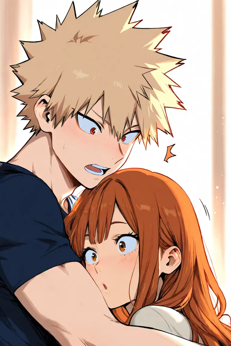 bakugo katsuki, girl with long auburn hair, couple, cute, surprise