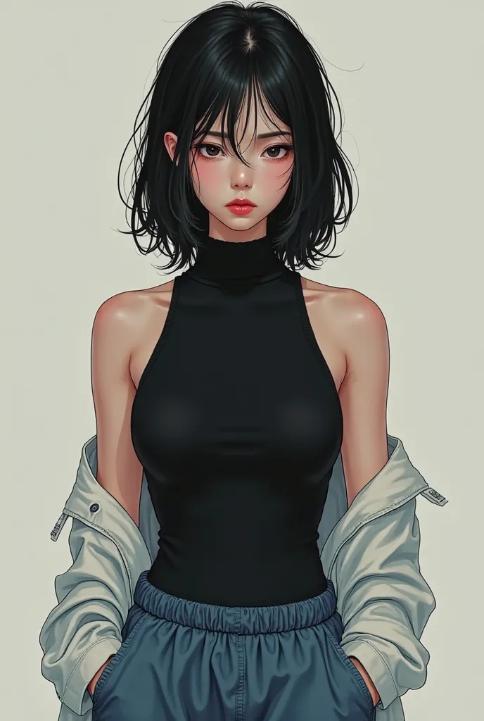 create a tall Asian girl, with slanted and tired eyes color black,  medium black hair , wearing a black sleeveless turtleneck short top dress,  cargo pants color blue , with a white shirt without fastening and white shoes,  semi-realistic , face only