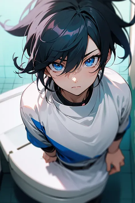 score_9, score_8_up, score_7_up, source_anime, rating_safe, , anime screencap, , , looking at viewer, depth of field, 1boy, solo, male focus, ren_amaki, black hair, blue eyes, hair between eyes, from above, bathroom, noon, (dynamic pose:1.2), relaxed, , 