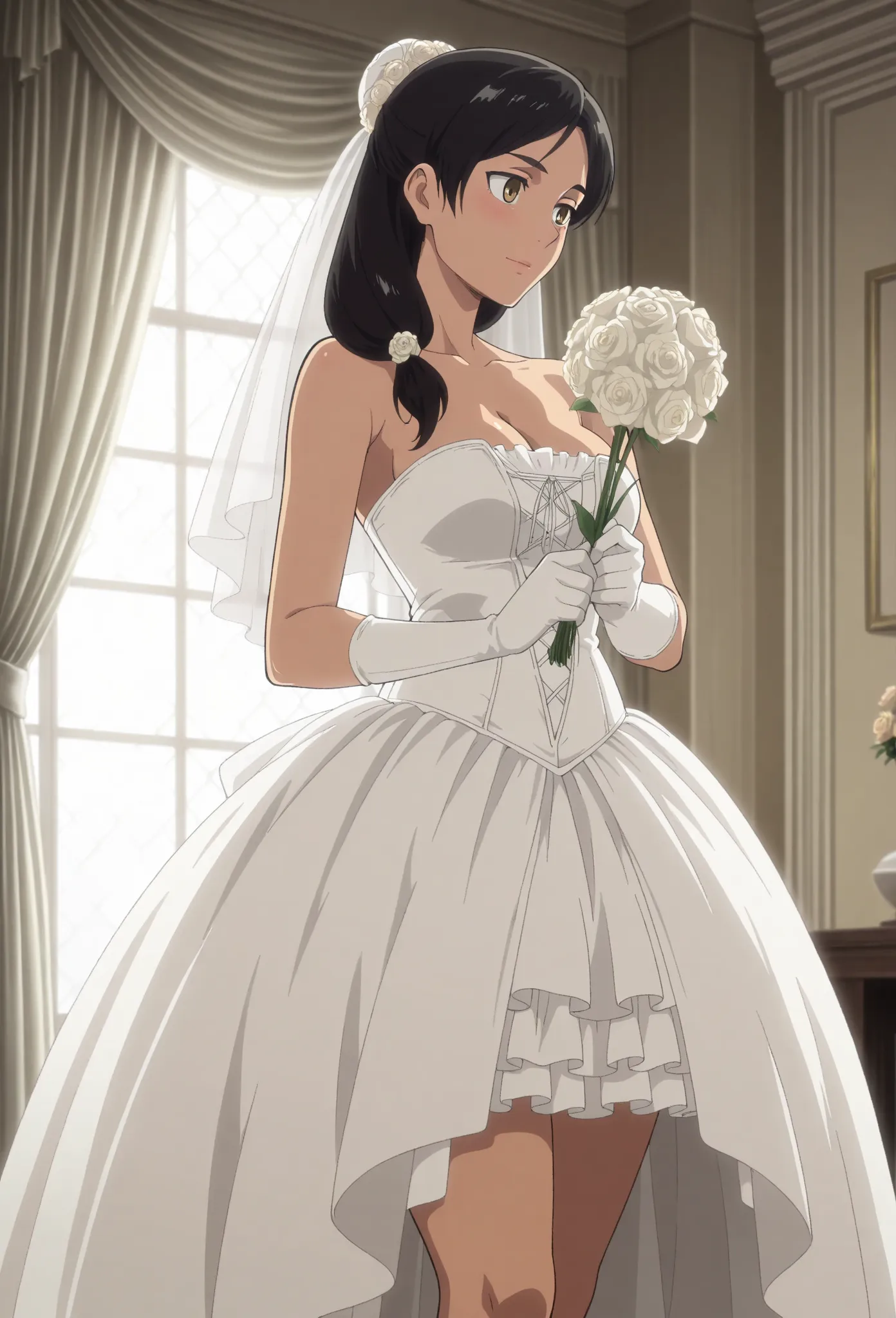 1girl,solo,mm,mature female,black hair,brown eyes,long hair,anime coloring,
1girl,hairstyle: (wedding bun:1.2)
Outfit: (wedding minidress,intricate minidress, ball gown, bridal veil, bride, curtains, holding flower, wedding,bare shoulders, cleavage, standi...