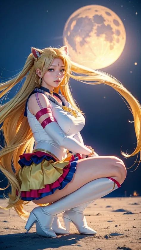 Sailor moon super s traje, 24 years old,  Realistic, 8K,  ultra detailed ,  perfect face,, long blonde hair , piercing blue eyes, (((squatting))), front view, perreo, full body, blue miniskirt, Red boots, , , voluptuous body,  on the Moon, big black cat , ...