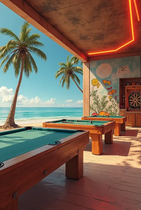 Design a leisure place set on a beach, mixed in 70's style and futuristic. That it has 3 billiards,2 table football tables,3 dart targets,a cocktail bar with a fruit cabinet.That has a fused palm tree with a drawing on a beach wall.