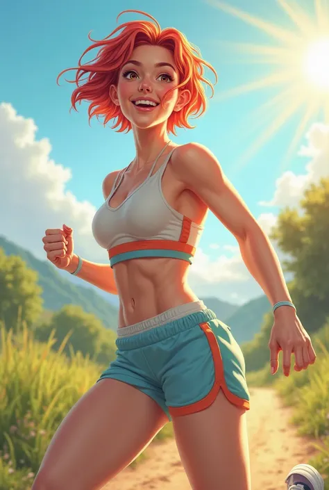 Sunny and cheerful woman in sportswear with short hair and red hair