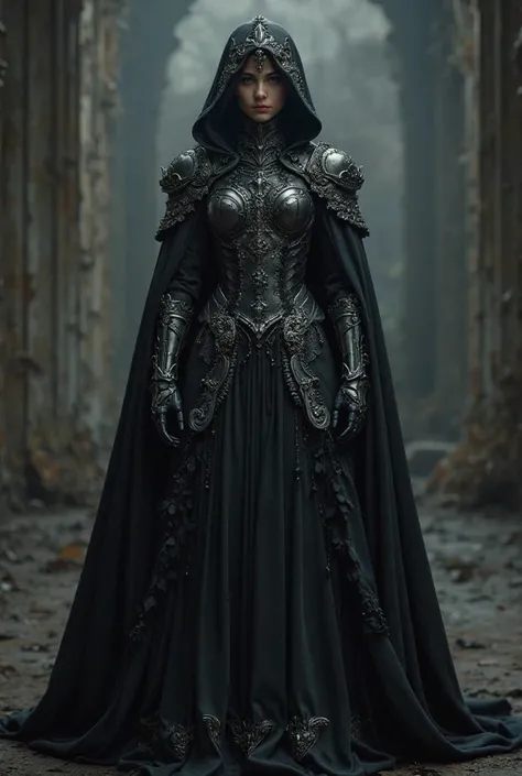 black and silver female medieval gown with cape and hoodie. Has small tiara, long skirts and armor