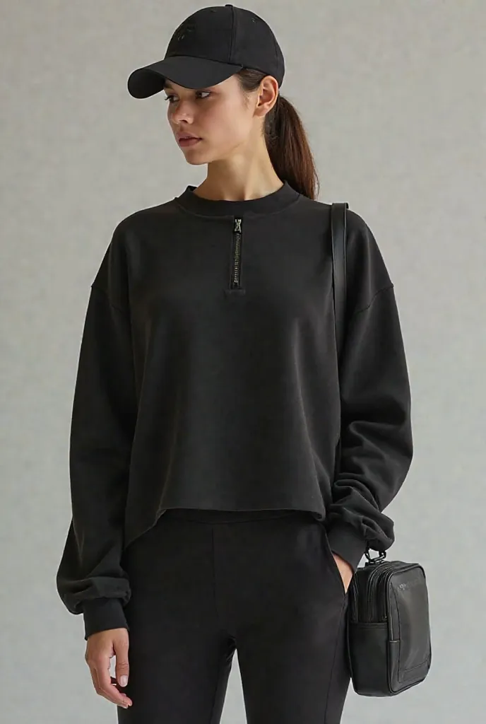 Create a black glued lycra sweatshirt with a small closure in the center for women with hat and bags 