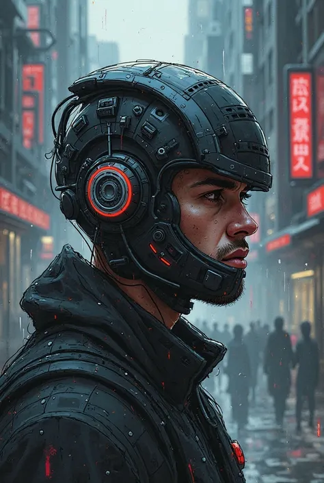 Cyberpunk head only man with headgear hand-drawing style