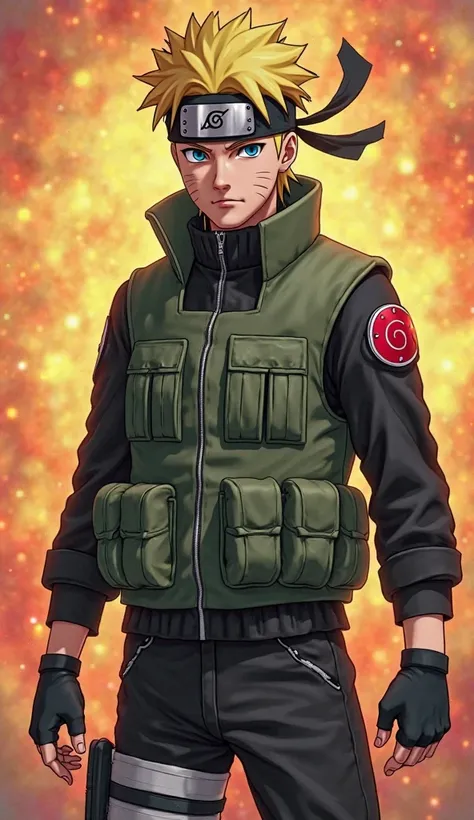 background image, Naruto Uzumaki, man, 30s, strong, muscular, "A detailed representation of an elite shinobi from Vila da Folha, dressed in a tactical green protective vest over a tight-fitting black uniform. transformed into Nine-Tails Chakra Mode