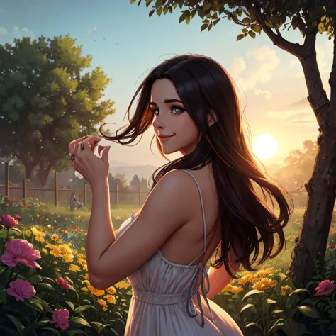 Adorable, Woman,big-eyed woman, round face. promenent lips. Smileing,In the garden,Her hands are behind her...., , large ass, wearing a cute sun dress. Picture from the side,looking at the scenes, intense colors, Very valuable details, complex details, vol...