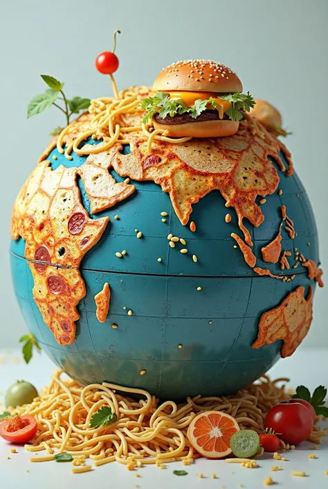 The realistic Earth globe; small foods stuck together like; noodle; pizza;  Hamburger ; melted cheese; and some vegetables 