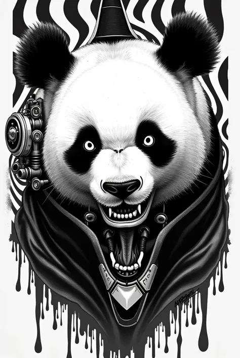 A panda in a distorted and aggressive cyberpunk style, inspired by manga illustrations and psychedelic art. The panda must have a fierce expression, with sharp teeth exposed, angled lines and turning into a cyborg. Use a background with hypnotic patterns o...