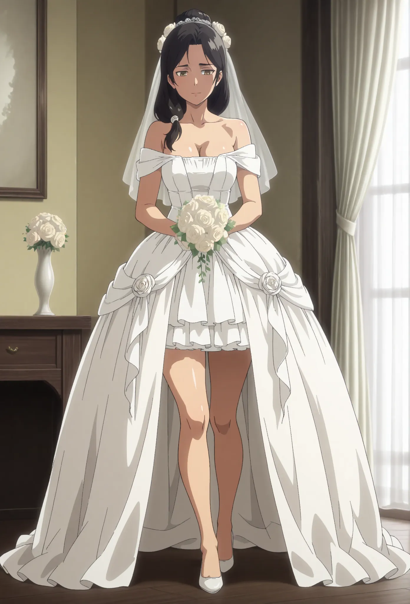 1girl,solo,mm,mature female,black hair,brown eyes,long hair,anime coloring,
1girl,hairstyle: (wedding bun:1.2)
Outfit: (wedding minidress,intricate minidress, ball gown, bridal veil, bride, curtains, holding flower, wedding,bare shoulders, cleavage, standi...