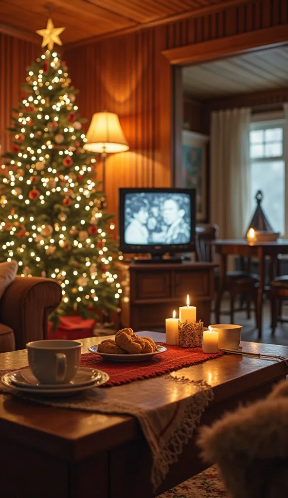 An ultra-realistic, cinematic image of a cozy 1970s living room during Christmas. A beautifully decorated Christmas tree with lights and ornaments stands in the corner. Soft, warm lighting from table lamps and candles on a wooden coffee table create a peac...