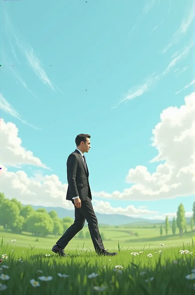 Make me the guy walking on the grass on the bottom left and sky background 