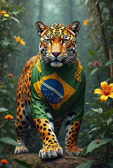 Create an image of the animal that represents Brazil with its clothes in the colors of the Brazilian flag. 

Draw two people playing chess in a soccer stadium. 