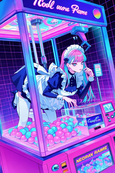 woman focus, cool beauty, gradation color hair, slender body, rest , maid exotic fashion, neon color, Vaporwave, woman inside the glass box, High  resolution, 1 crane game  machine,