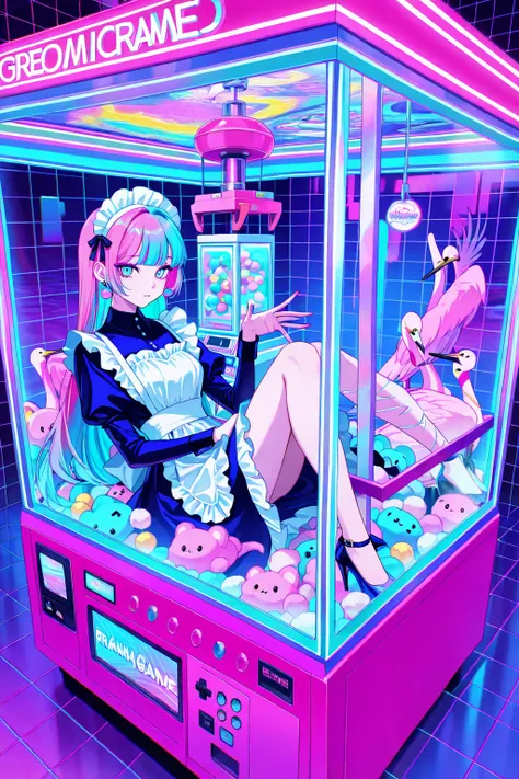 woman focus, cool beauty, gradation color hair, slender body, rest , maid exotic fashion, neon color, Vaporwave, woman inside the glass box, High  resolution, 1 crane game  machine,