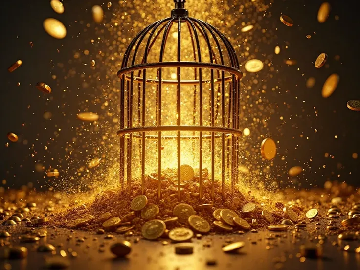 A dramatic scene of golden coins violently escaping from an iron cage, symbolizing financial freedom and breakthrough wealth, glowing gold dust in the air, high-energy motion, cinematic and detailed.