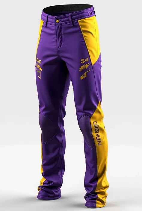 Create a long pants for an EA Sports team called marmotas and that their colors are purple and yellow