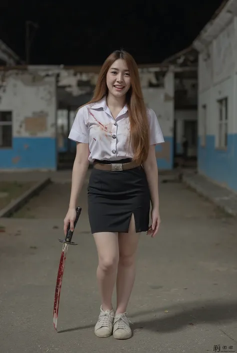 Photograph of a young Asian woman with fair skin, long auburn hair. She wears a dirty white short-sleeved blouse มีเลือดเปรอะไปทั่ว, brown university belt, short black pencil skirt with side slits and white sneakers. she ยิ้มแบบโรคจิต, She holds ดาบคาตะนะ ...