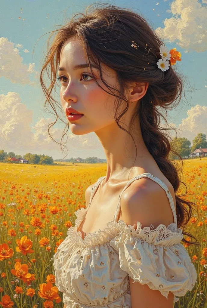 AI's greatest painting、Infinitely detailed、with accurate detail、Picture like a painting that is infinitely close to reality、Beautiful skin is very beautiful when receiving light、（show off the beauty of the skin） images、Portrait of an actress looking far aw...