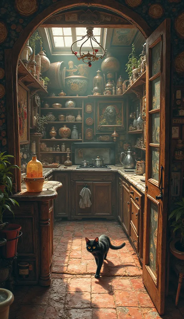 The house was spacious and filled with strange things. The little black cat carefully explored the house before walking into the kitchen of the house where he smelled something delicious.