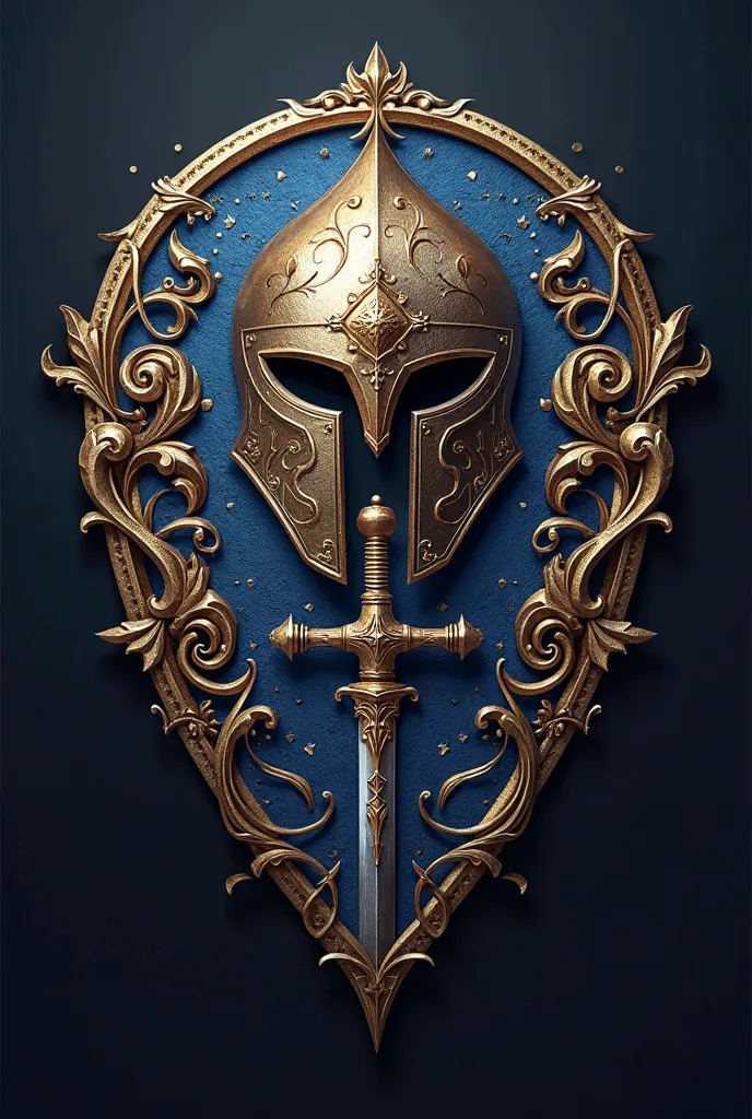 A detailed RPG game team logo,Victory Medal， Company text placed, fantasy medieval style, intricate ornate design,  gold and blue , Shield badge, Detailed badges and shields,  Knight Helmet, Cross Sword, Elegant Typography,  Medieval Decoration , ornate wi...