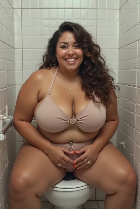 A ssbbww woman sitting on a toilet farting with an orgasm face 