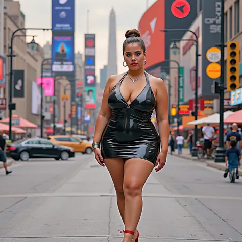 Full body shot of a stunningly gorgeous curvaceous mid-size model with firm athletic body wide hips, narrow waist, very large firm breasts strikes a sexy pose wearing a shiny pink latex microdress. The glossy skin tight fabric forms a second skin, molded a...