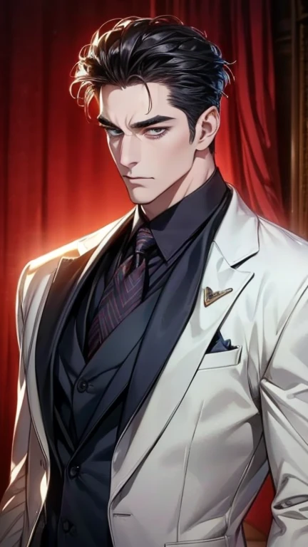 ( sophisticated suit , ,4K,8k,     highres,  masterpiece:1.2),     ultra-detailed,(Realistic,photoRealistic,photo-Realistic:1.37),36-year-old man,3 day beard,cute anime ,Portraits,strong,masculine,     dark hair,sharp jaw,          mesmerizing eyes        ...