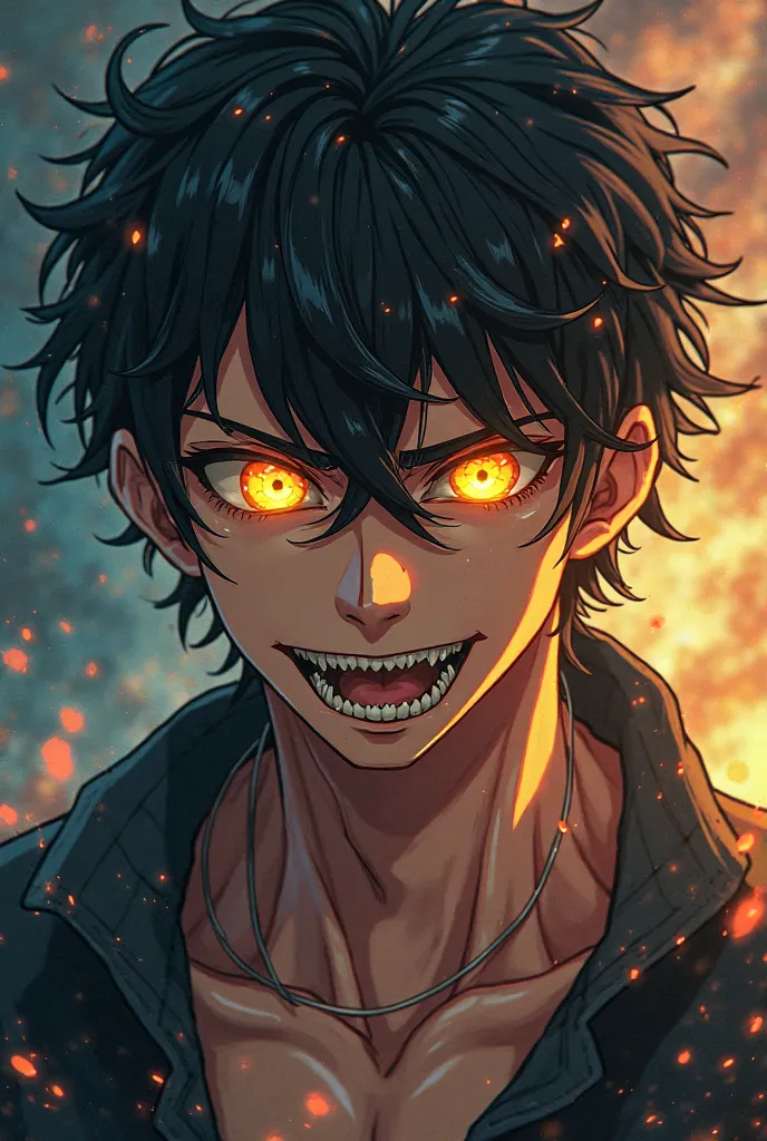 male, mid 20s, gold eyes, sharp teeth, unkempt hair, anime, shonen, jagged teeth