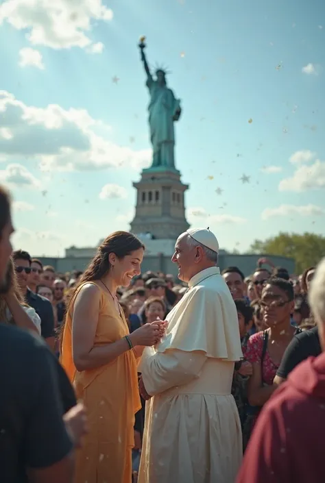 "Vertical video (9:16) in 8K: Jesus and Pope Francis stand together at the base of the Statue of Liberty, sharing a diverse crowd. The statue rises in the background, with blue skies and scattered clouds. The crowd includes immigrants, tourists, ren, and t...