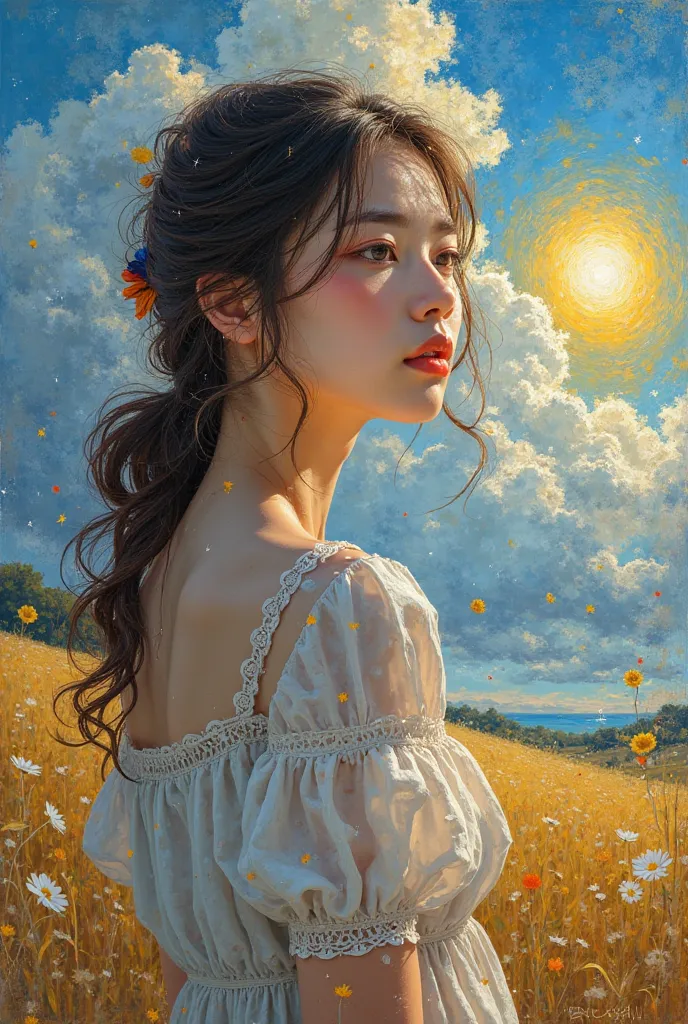 AI's greatest painting、Infinitely detailed、with accurate detail、Picture like a painting that is infinitely close to reality、Beautiful skin is very beautiful when receiving light、（show off the beauty of the skin） images、Portrait of an actress looking far aw...