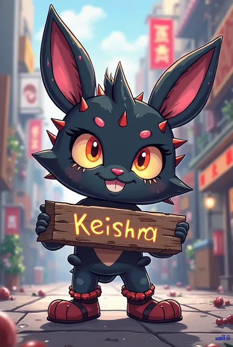 Cartoon Kuromi holds sign that reads " KEISHA "