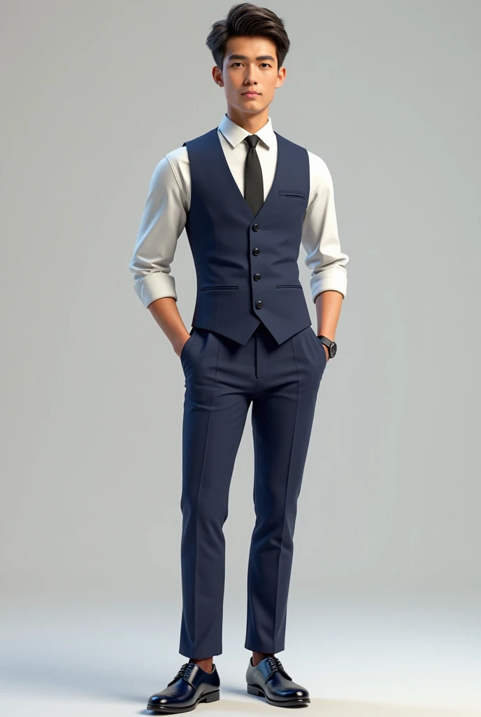 A Young guy wearing white long sleeve with navy blue vest, black tie,navy blue pants and navy blue shoes , casual