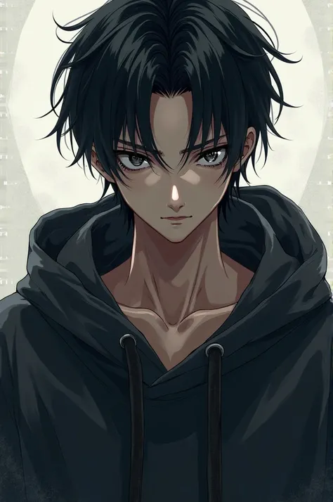 Black hair guy, he is tall and wears a hoodie. Anime style with black eyes. 