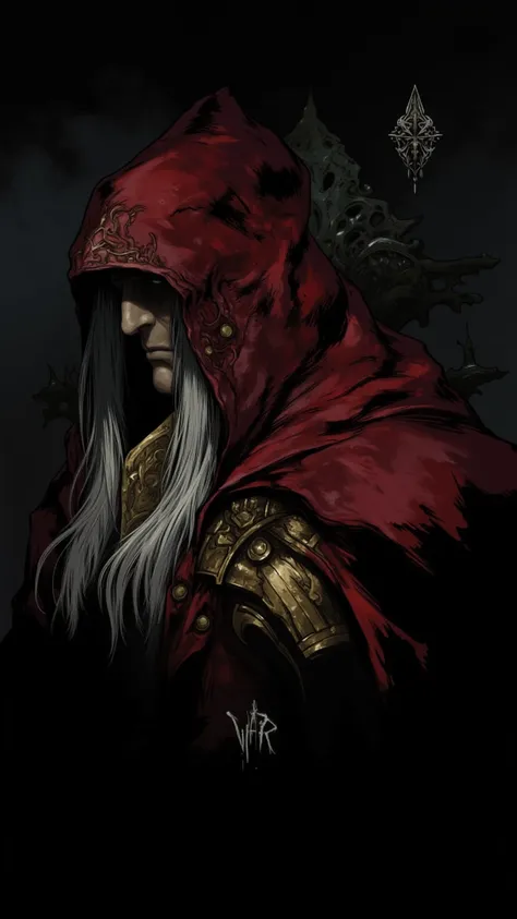 Image is a digital artwork featuring a character from the game 'Darksiders Genesis.' The style is dark and dramatic, with a focus on bold colors and strong contrasts. The character, named War, is depicted in a three-quarter view, wearing a red hooded cloak...