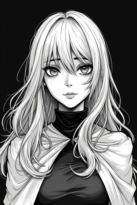 manga woman crying, Blonde long hair, black and white sketch doodle linear, black background, cape, bust up, no bangs