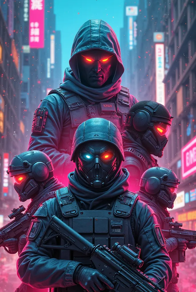 Image with several characters from technological shooting games and with neon colors, cyberpunk style, with characters with different skin colors at the top in heroic poses and soldiers with helmets at the bottom, In the background a technological city 