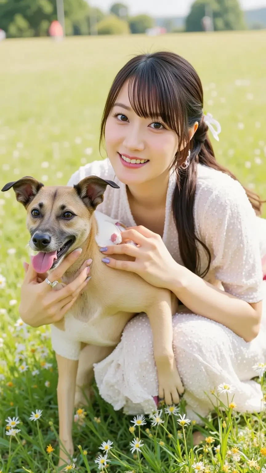 "A Japanese woman playing happily with a dog in a park. The dog is wagging its tail and looks joyful. The woman is wearing a light-colored, flowery dress and smiling widely, crouching down to play with the dog. The scene is bright and warm, with greenery a...