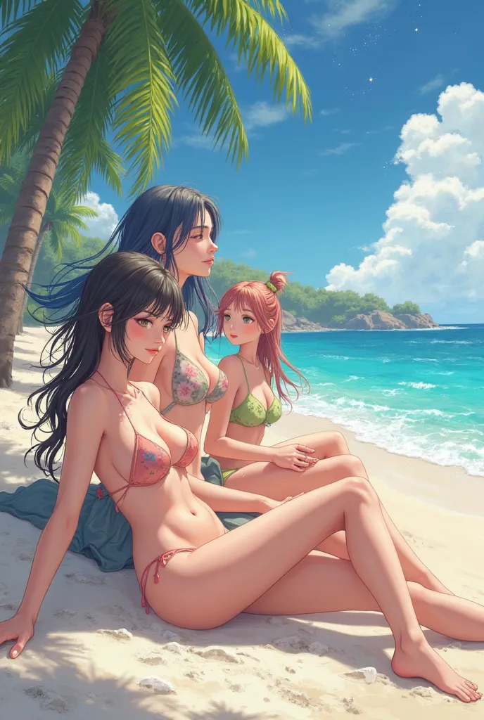 Generate an image of anime girls who don't have clothes and who are on the beach 