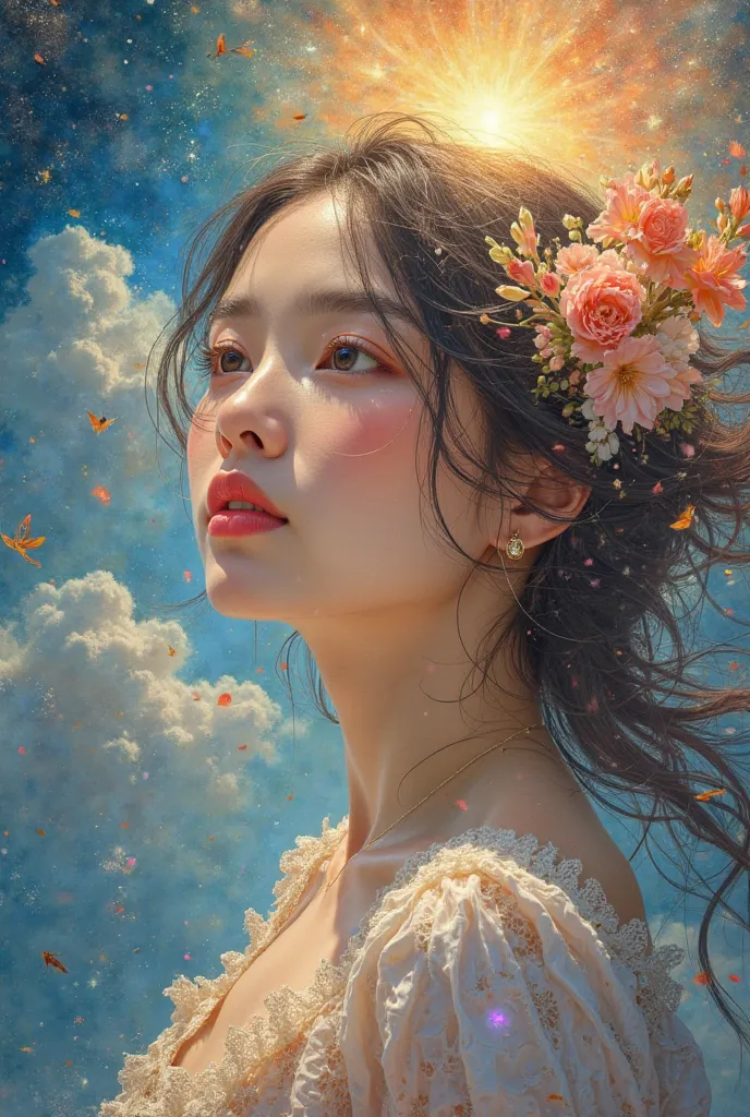 AI's greatest painting、Infinitely detailed、with accurate detail、Picture like a painting that is infinitely close to reality、Beautiful skin is very beautiful when receiving light、（show off the beauty of the skin） images、Portrait of an actress looking far aw...