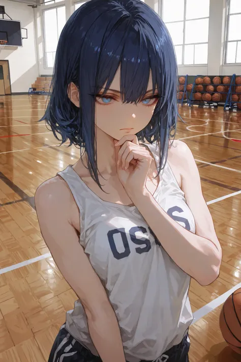 masterpiece, best quality, ultra-detailed,r17329_illu,usnr,xss,Cute,masterpiece, best quality, ultra-detailed, 1girl, dark blue hair with long strands, blue eyes, serious expression, casual tank top, athletic build, standing with hand near chin, gymnasium ...