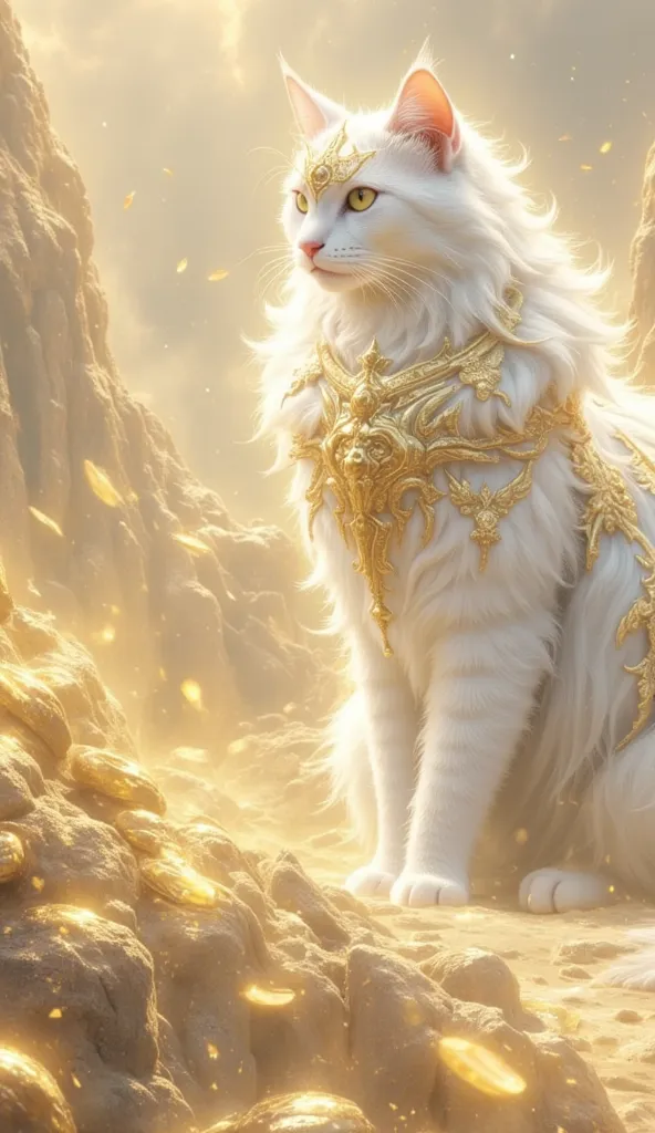 (best illumination, best shadow, masterpiece, best quality),  white  king cat majestic, intimidating, powerful, epic, royal armor of white and gold with intricate details, clean lines, perfect illustration,The surrounding scenery is golden mountains, lots ...