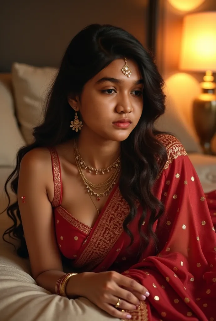 Indian women in saree, laying on a bed, sexy slim thighs, sexy body, ((large breasts)), alluring body, beautiful face, (((good proportion))), seducing, realistic background, jwellery, pubic hair, pose, perfect body aunty, bare feet, spread her legs, slim w...