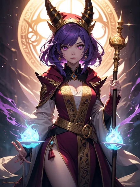 A highly detailed fantasy portrait of Lulu, the small Yordle sorceress from League of Legends, shown from the waist up. ((She has purple skin)), large glowing purple eyes, and fluffy violet hair. She wears her signature oversized crimson hat with golden de...