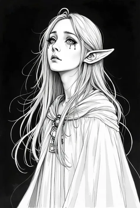 manhwa woman crying, Blonde long hair, black and white sketch doodle linear, black background, cape, no shading, princess hair, beautiful, short elf ears, sad tears looking up