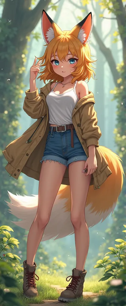 Fox girl wearing denim shorts and a coat, showing her ass and smiling in the anime forest