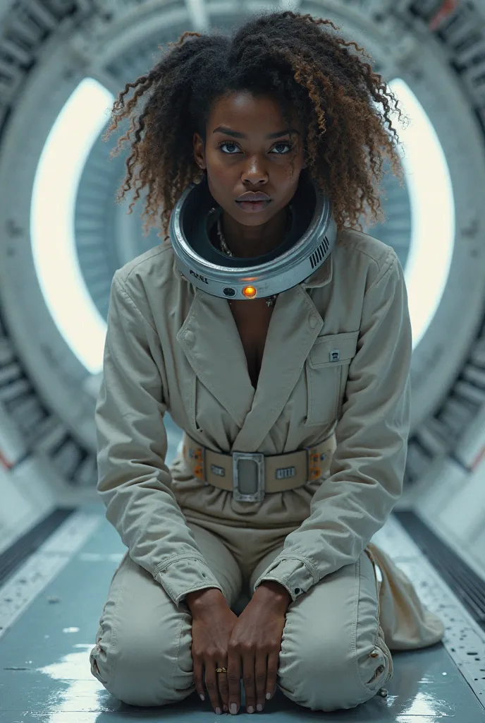 2025 18 year old legal Registered chattel African female house slave. she wear permanent shockcollar with fridchip. she wear slave space Clothes. She is serving on Space station. She is obediently kneeling position on the floor while she waited for to be  ...