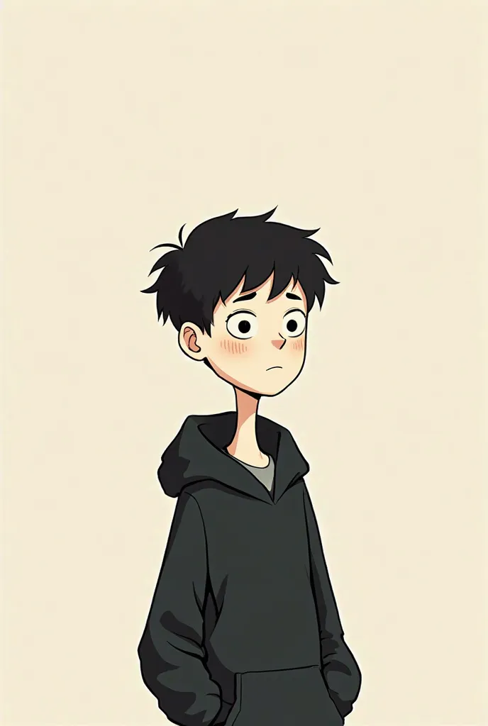 Stick figure of a young man with black hair,   dark eyes , Fair skin and freckles.   wearing a black hoodie  